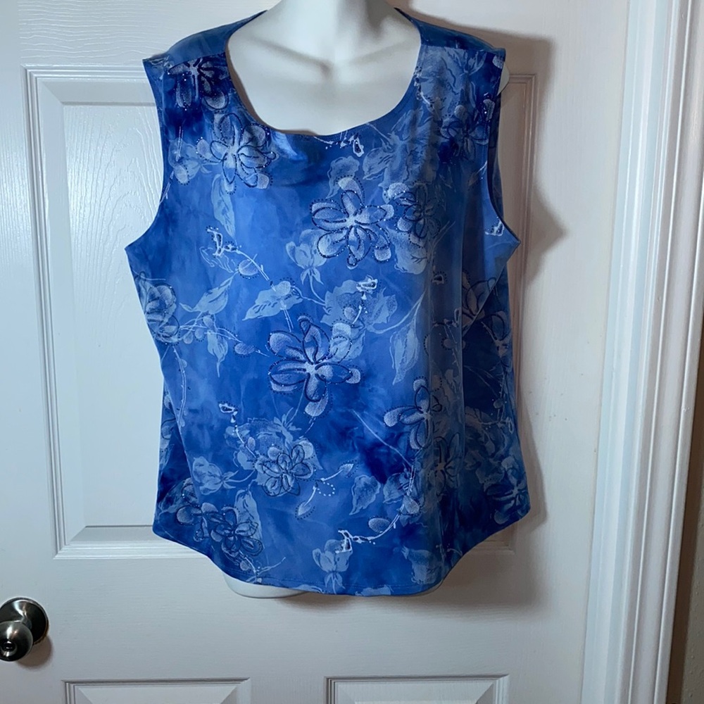 Dress Barn Floral Sparkle Top Plus Size 1X Tank Sleeveless Glitter Sky Blue